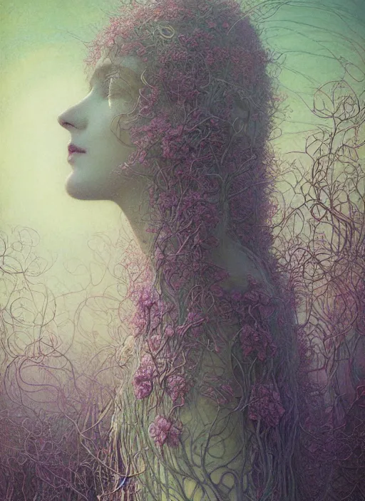 Prompt: a beautiful woman portrait mutating in to flower, covered with thin tendrils and moss, by jean delville, by edmund dulac, by jean giraud, by ellen jewett, landscape photography composition, vivid colors, octane render, redshift render