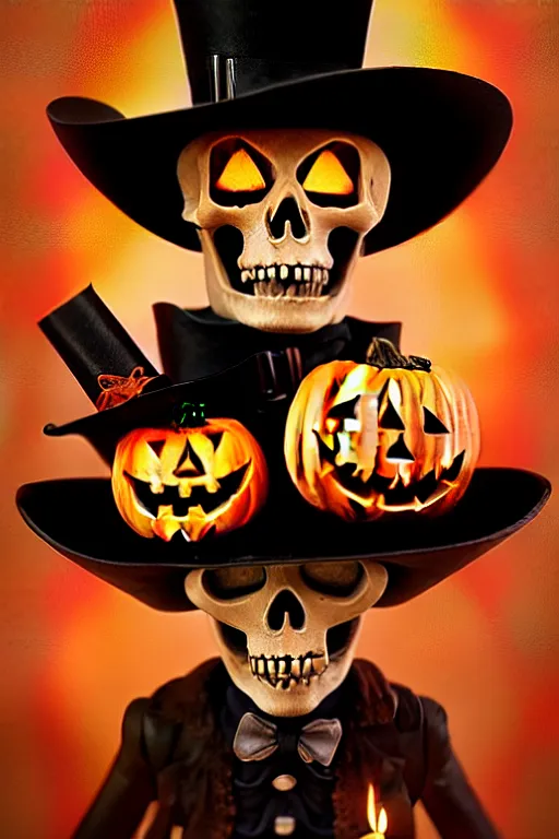 Prompt: portrait of a skeleton with a top hat holding a jack - o - lantern, halloween night, charlie bowater, artgerm, ilya kuvshinov, krenz cushart, ruan jia, realism, ultra detailed, 8 k resolution