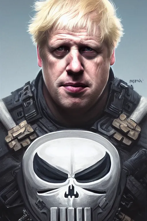 Image similar to Boris Johnson as Punisher, armor plate, realistic portrait, symmetrical, highly detailed, digital painting, artstation, concept art, smooth, sharp focus, illustration, cinematic lighting, art by artgerm and greg rutkowski and alphonse mucha