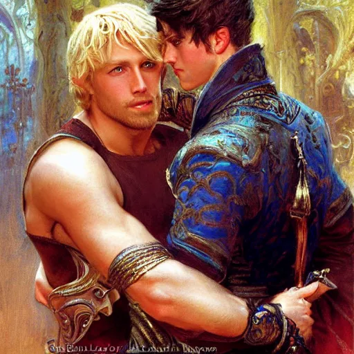 Image similar to attractive male, arthur pendragon who has blond hair confesses his love to attractive male, merlin who has dark hair. highly detailed painting by gaston bussiere, craig mullins, j. c. leyendecker 8 k