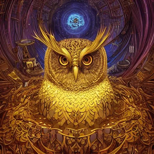 Image similar to the portrait of a smiling golden owl in the depths of the universe, an ultrafine hyperdetailed illustration by kim jung gi, irakli nadar, intricate linework, bright colors, octopath traveler, final fantasy, unreal engine 5 highly rendered, global illumination, radiant light, detailed and intricate environment, - w 9 6 0