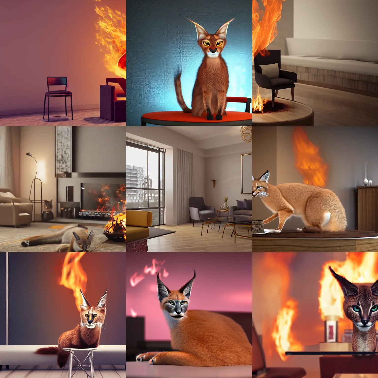 Prompt: hotel apartment, cute caracal sitting on a chair near a table, flames of fire at background, octane render, 3d, 8k , hd, studio light
