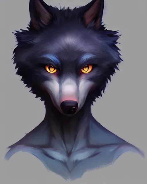 Image similar to character concept art of a black anthropomorphic furry wolf red hair blue eyes | | cute - fine - face, pretty face, key visual, realistic shaded perfect face, fine details by stanley artgerm lau, wlop, rossdraws, james jean, andrei riabovitchev, marc simonetti, and sakimichan, artstation