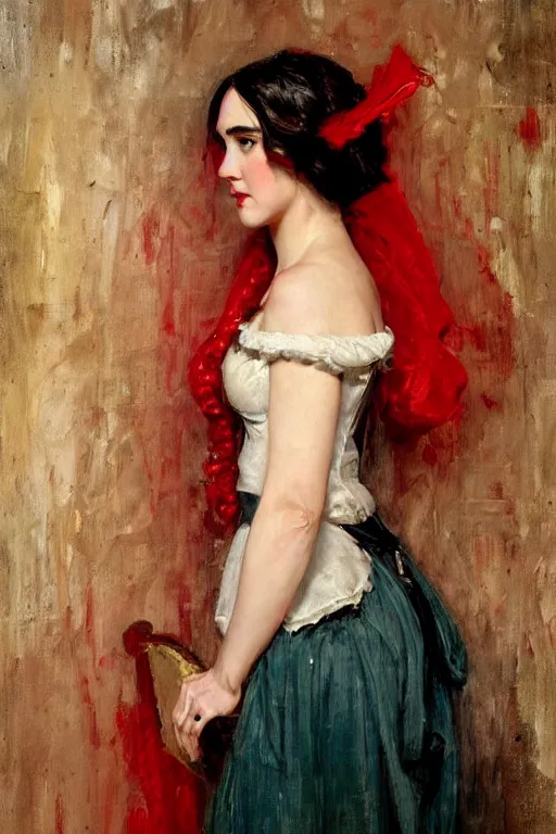 Image similar to painting of Jennifer Connelly by Richard S. Johnson and Solomon Joseph Solomon and Richard Schmid and Jeremy Lipking victorian genre painting full length portrait painting of a young beautiful woman traditional german french barmaid in fantasy costume, red background