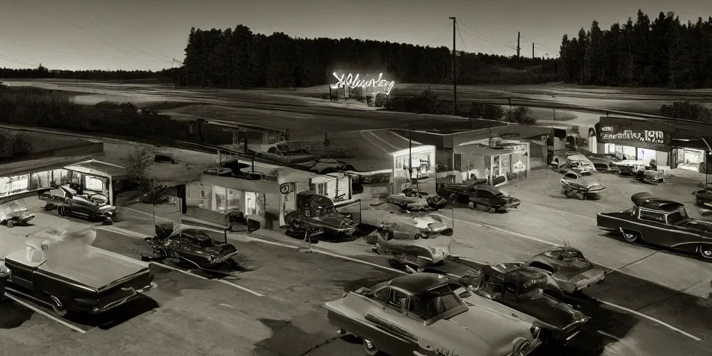 Prompt: detailed sharp photograph in the style of popular science circa 1 9 5 5 and gregory crewdson of a 1 9 5 0 s truck stop at night