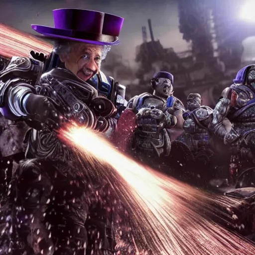 Image similar to ( ( albert einstein as willy wonka ) ) in gears of war, splash art, movie still, cinematic lighting, dramatic, octane render, long lens, shallow depth of field, bokeh, anamorphic lens flare, 8 k, hyper detailed, 3 5 mm film grain