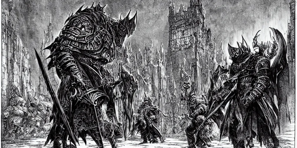 Prompt: dark souls dramatic boss encounter, pen-and-ink illustration by Franklin Booth, fish eye lens