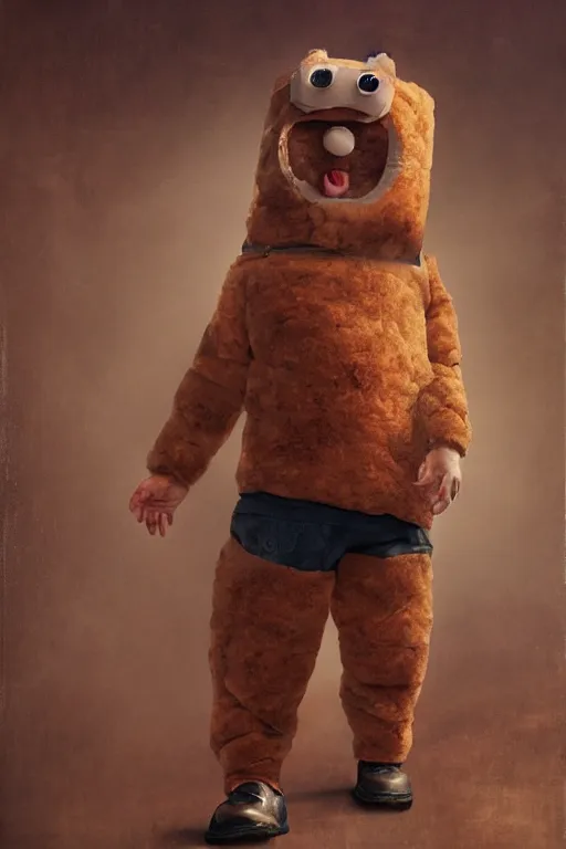 Image similar to channing tatum wearing a tater tot costume, oil on canvas, intricate, 8 k highly professionally detailed, hdr, cgsociety