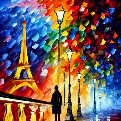 Image similar to knife - painting of a colorful and contrasted scenery, a cat walk on a roof in paris, the moon shine in the sky, the effeil tower is in the background, in the style of leonid afremov