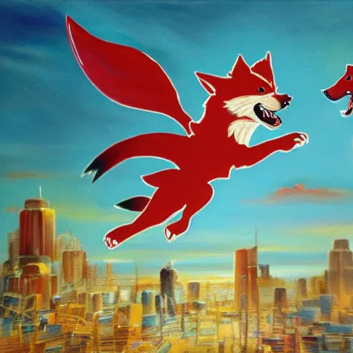 Image similar to this painting depicts a feral, screaming, wolf as it runs at great speed toward the viewer. behind it, across a cityscape, there is another smaller wolf in red, with its tongue hanging out. the sky behind the pair is a brilliant yellow - green.
