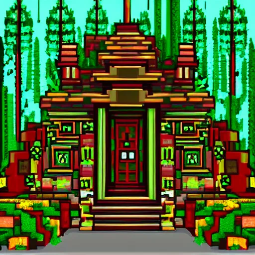 Image similar to temple hidden within the forest ancient magic, pixel art