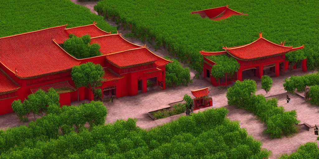 Image similar to A Chinese style winery with red walls and a green roof. The vineyards are sprawling and green, with a river winding through them. In the distance, there are mountains. immaculate scale, hyper-realistic, Unreal Engine, Octane Render, digital art, trending on Artstation, 8k, detailed, atmospheric, immaculate