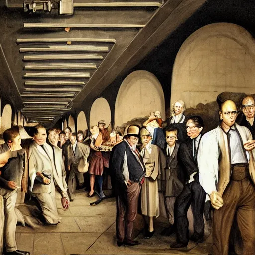 Image similar to underground tunnels inhabited by portly white men in suits and ties, computers, lights and switches, portal to another world, baroque oil painting