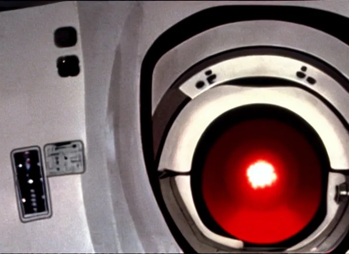 Prompt: film still of HAL from 2001 A Space Odyssey as a washing machine with a bright red light inside it
