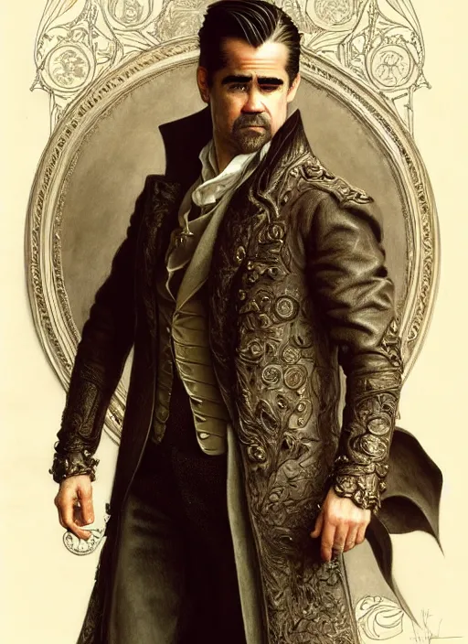 Image similar to colin farrell as a aristocrat wearing shelby boots, detailed face, d & d, wet, shiny, fantasy, intricate, elegant, hyper detailed, ultra definition, photoreal, artstation, unreal engine rendered, concept art, smooth, sharp focus, illustration, art by artgerm and greg rutkowski and alphonse mucha and garis edelweiss