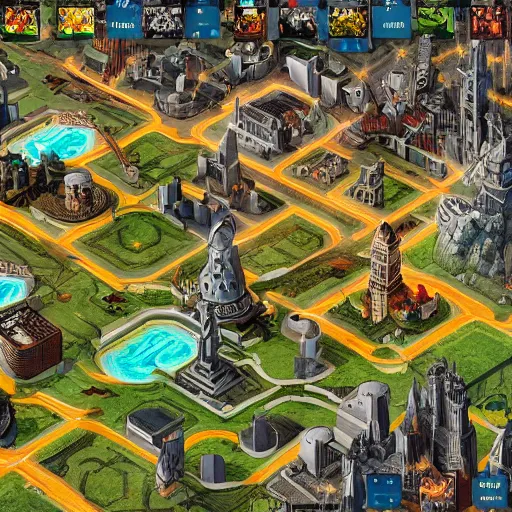 Prompt: imaginary heroes of might and magic city, high resolution and extreme detail, well symmetrically composed, gorgeous lightning