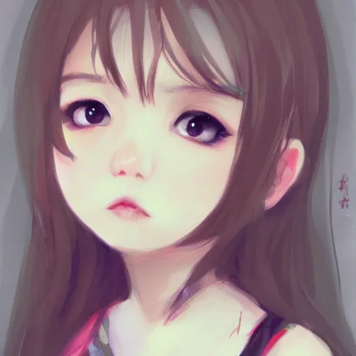 Image similar to a beautiful little girl by WLOP, pixiv, very white skin, sad black eyes, very black hair