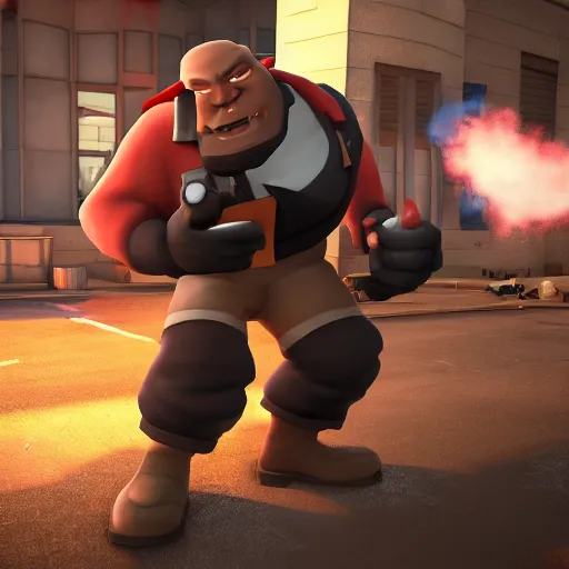 Image similar to heavy from team fortress 2 in real life outside a walmart, dslr, 8 k, octane beautifully detailed render, warm mood, cinematic lighting, detailed photo, masterpiece, volumetric lighting, ultra realistic, highly detailed, high quality, lossless, photorealistic