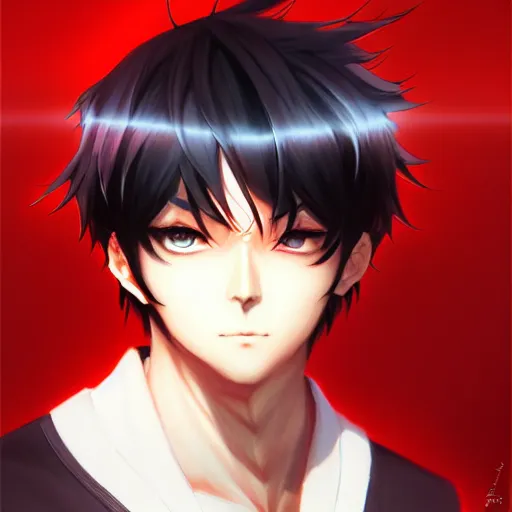 Image similar to anime portrait of a slick black hair guy with red eyes by stanley artgerm lau, wlop, rossdraws, james jean, andrei riabovitchev, marc simonetti, and sakimichan, trending on artstation