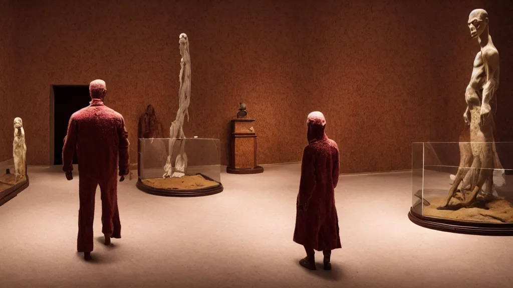 Image similar to the strange disdainful creature walks through the museum, made of wax and blood, film still from the movie directed by Denis Villeneuve with art direction by Salvador Dalí, wide lens