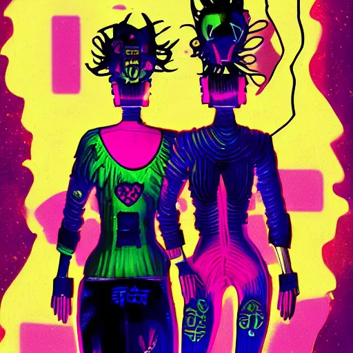 Image similar to tarot card of the lovers, cyberpunk theme, digital painting, artstation award winning, high contrast, black background with vivid colours