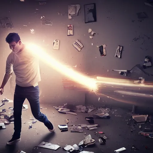 Image similar to incredible cinematic image of young angry man fighting to himself while breaking a large mirror, debris everywhere, studio shot, dynamic lighting, high definition, highly detailed, photo-realistic, unreal engine render, 16k