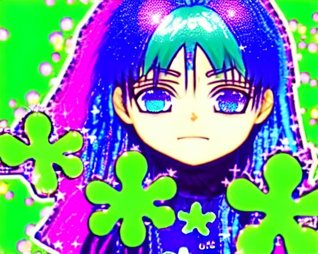 Image similar to a hologram of decora styled green haired yotsuba koiwai wearing a gothic spiked jacket, background full of lucky clovers, crosses, and shinning stars, holography, irridescent