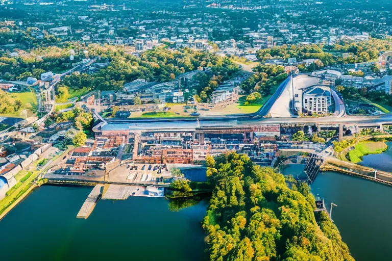 Image similar to bird's eye view photography of a small city. town hall, central farm, monorail station, beach and shipping dock. hills, woods and pond to the north.