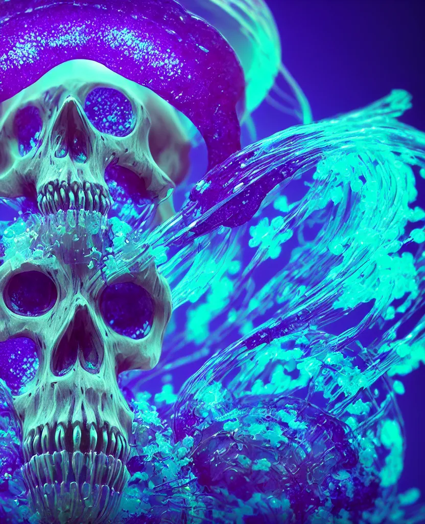 Image similar to close-up portrait of skull dichroic orchid jellyfish skull, betta fish, bioluminiscent creatures, intricate artwork by Tooth Wu and wlop and beeple. octane render, trending on artstation, greg rutkowski very coherent symmetrical artwork. cinematic, hyper realism, high detail, octane render, 8k