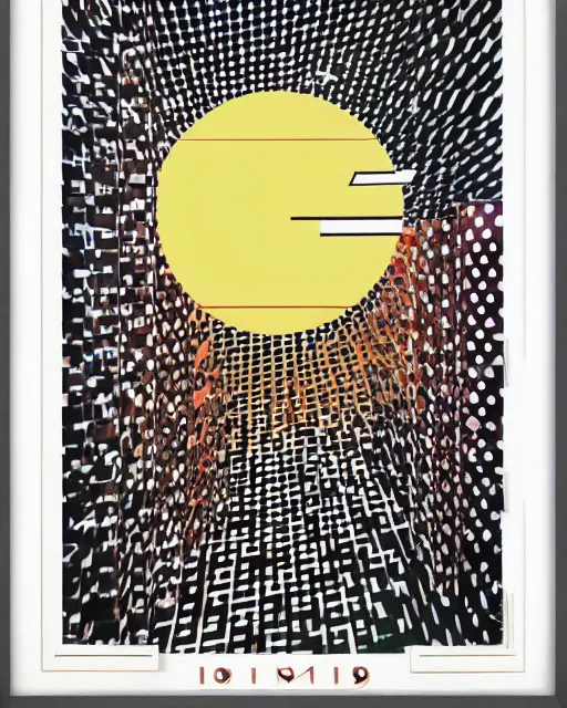 Image similar to A mid-century modern collage, made of random geometric segments cut out of vintage magazines, of 2001: A Space Odyssey film poster. 1968