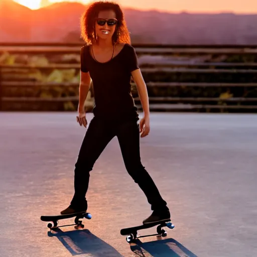 Image similar to skater girl in california at sunset, 4 k, 3 d