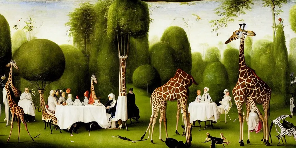 Image similar to elegant victorian tea party with giraffes in a topiary english garden, hyper realistic hieronymus bosch - h 7 6 8