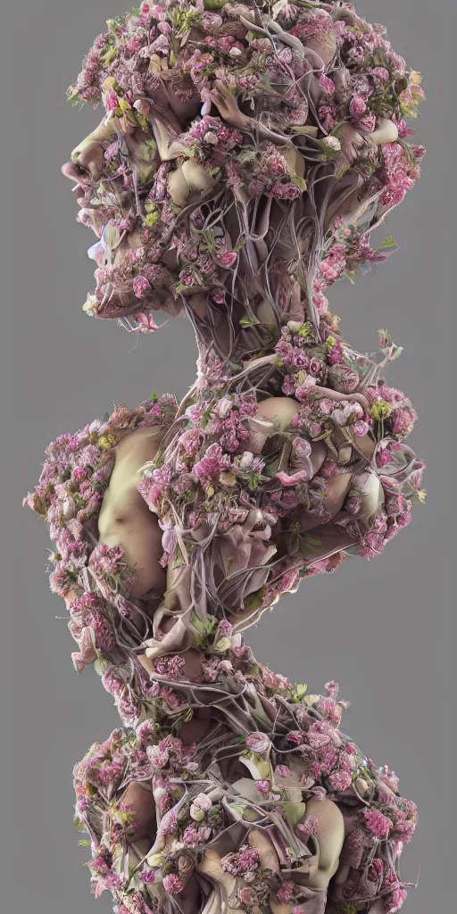 Image similar to a sculpture of human bodies intertwined, a lovely cornucopia of flowers and human body parts, body parts, highly detailed, octane render, cinematic