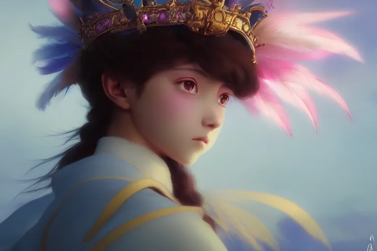 Image similar to Portrait of magical girl, close up, wearing crown of bright feathers, painting by studio ghibli, Ivan Aivazovsky and Greg Rutkowski, artstation, fantasy, intricate, beautiful, cinematic, octane render, arnold render, 8k, hyper realism, detailed, sharp focus, 4k uhd, masterpiece, award winning