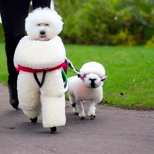 Prompt: a person wearing a sheep costume walking bichon frise on leash