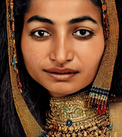 Prompt: vintage_closeup portrait_photo_of_a_stunningly beautiful_nepalese_woman with amazing shiny eyes, hyper detailed by Annie Leibovitz