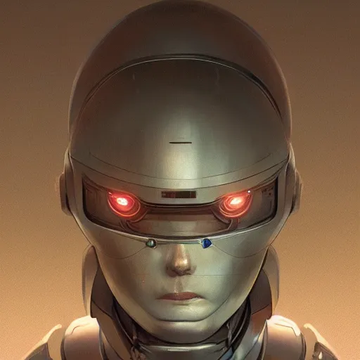 Image similar to detailed character concept art portrait of a detailed and hi - tech robot in an empty chamber, artstation, award - winning realistic sci - fi concept art by greg rutkowski and yoshitaka amano, in the style of moebius, flat surrealist artwork.