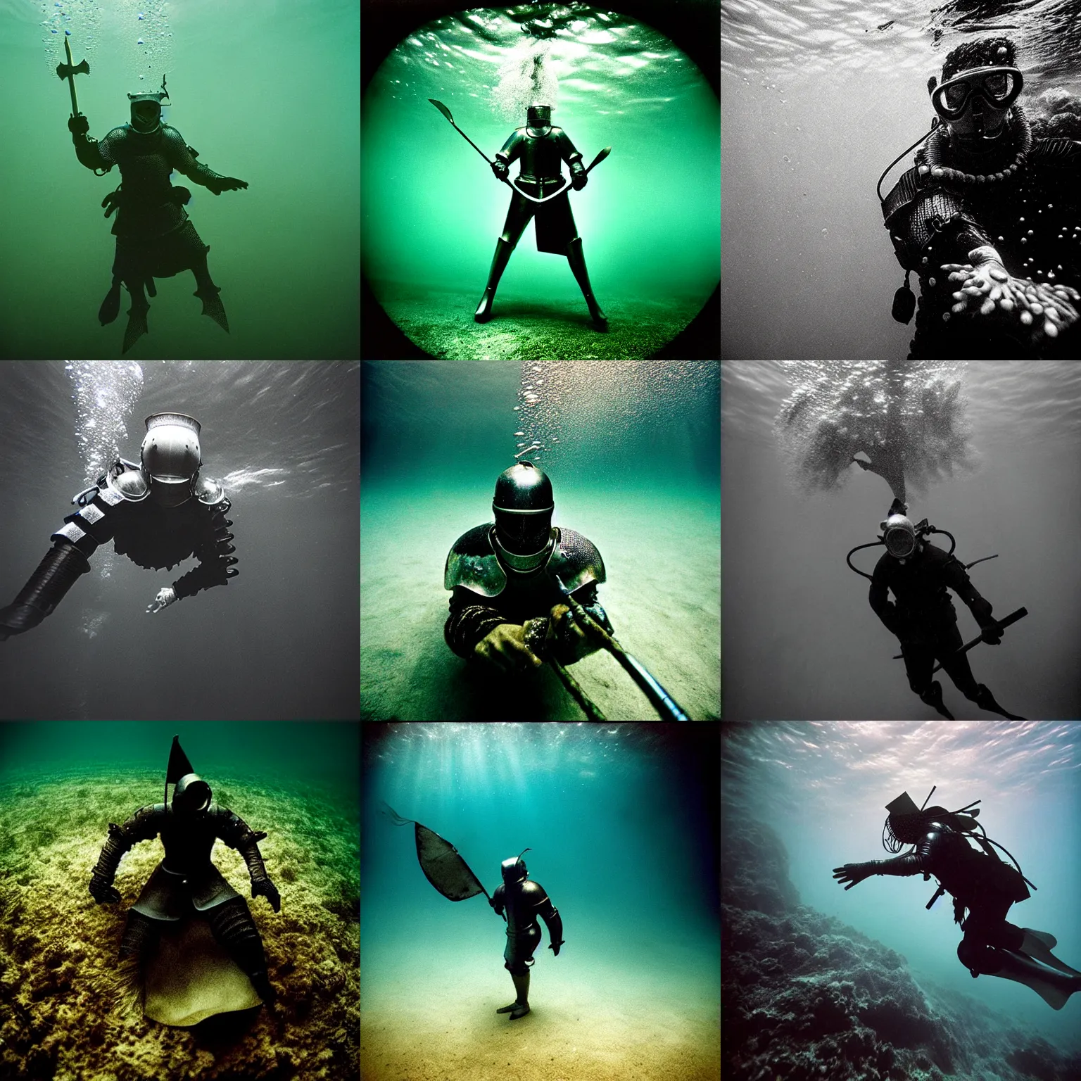 Prompt: Underwater photo of a beautiful medieval knight by Trent Parke, close up, clean, detailed, Magnum photos