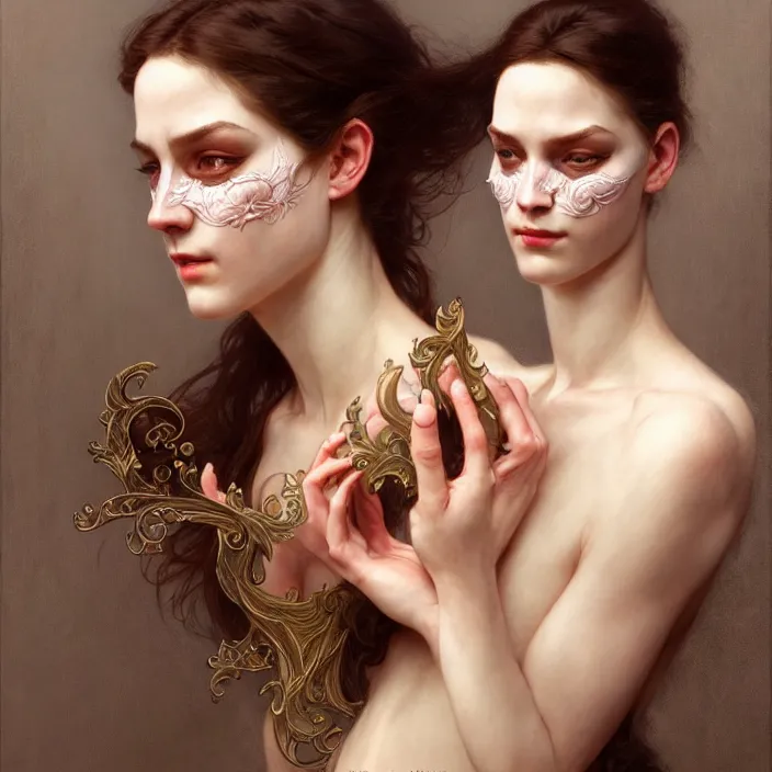 Image similar to removing mask under another mask, diffuse lighting, fantasy, intricate, elegant, highly detailed, lifelike, photorealistic, digital painting, artstation, illustration, concept art, smooth, sharp focus, art by John Collier and Albert Aublet and Krenz Cushart and Artem Demura and Alphonse Mucha