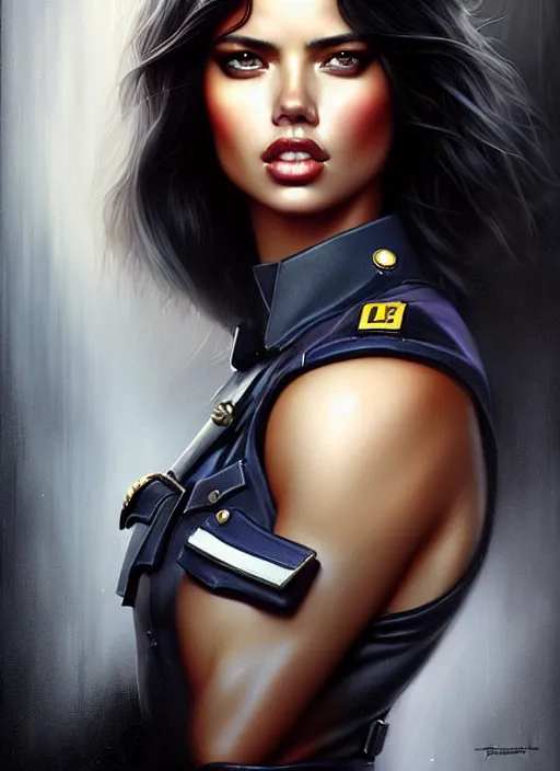 Image similar to a beautiful woman with police uniform, adriana lima, painted by artgerm and tom bagshaw, fantasy art, dramatic lighting, highly detailed oil painting