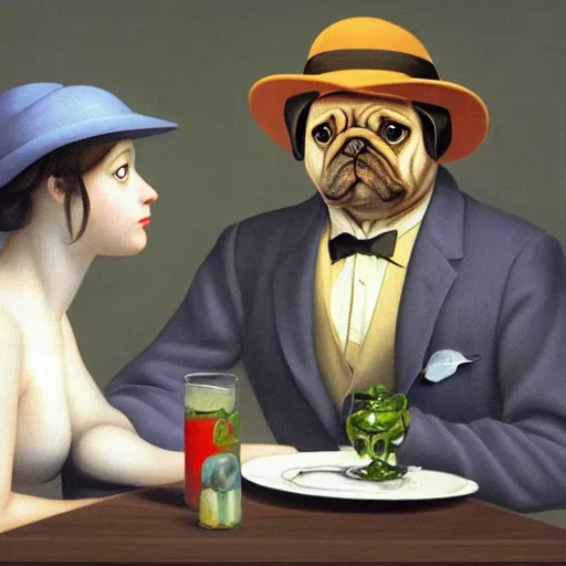 Image similar to a humanoid pug takes you out for a nice dinner by Raphael, Hopper, and Rene Magritte. detailed, romantic, enchanting, trending on artstation.