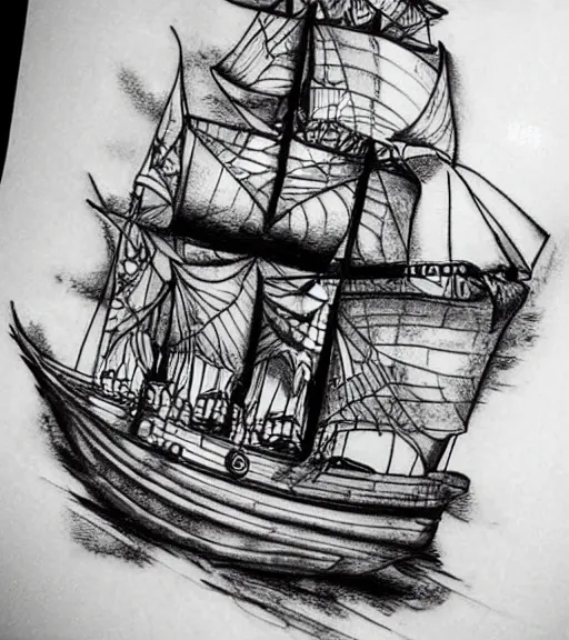 Image similar to A realistic tattoo design sketch of a pirate ship, white background, black and white, highly detailed tattoo, shaded tattoo