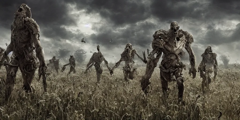 Prompt: a giant walking through a field of skulls, realistic 4 k octane beautifully detailed render, 4 k post - processing, highly detailed, intricate complexity, epic composition, magical atmosphere, cinematic lighting, masterpiece, ultra hd