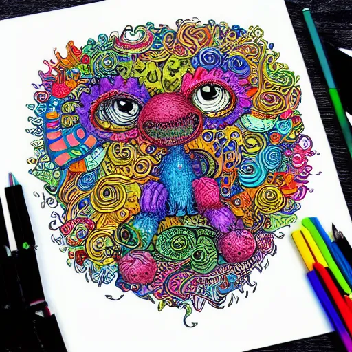 Image similar to colorful monster doodle art, intricate, kerby rosanes, white background