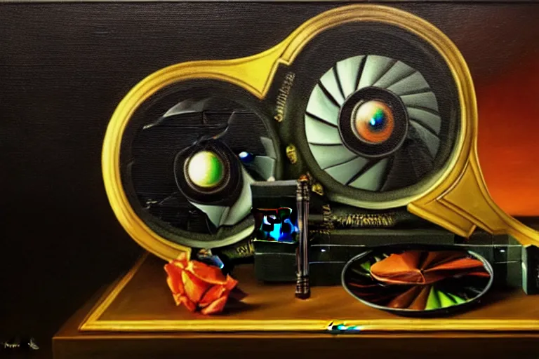 Prompt: a vanitas painting depicting an NVIDIA RTX A100 GPU, graphics card