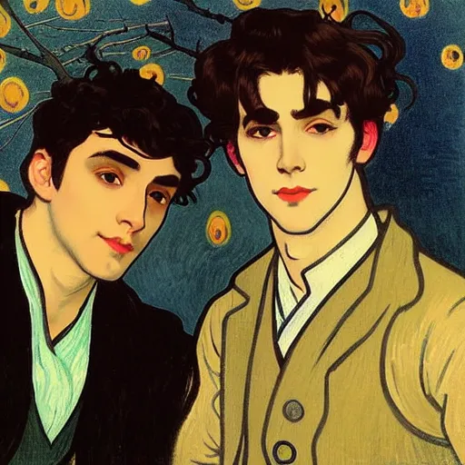 Image similar to painting of young cute handsome beautiful dark medium wavy hair man in his 2 0 s named shadow taehyung and cute handsome beautiful min - jun together at the halloween! party, bubbling cauldron!, candles!, smoke, autumn! colors, elegant, wearing suits!, clothes!, delicate facial features, art by alphonse mucha, vincent van gogh, egon schiele