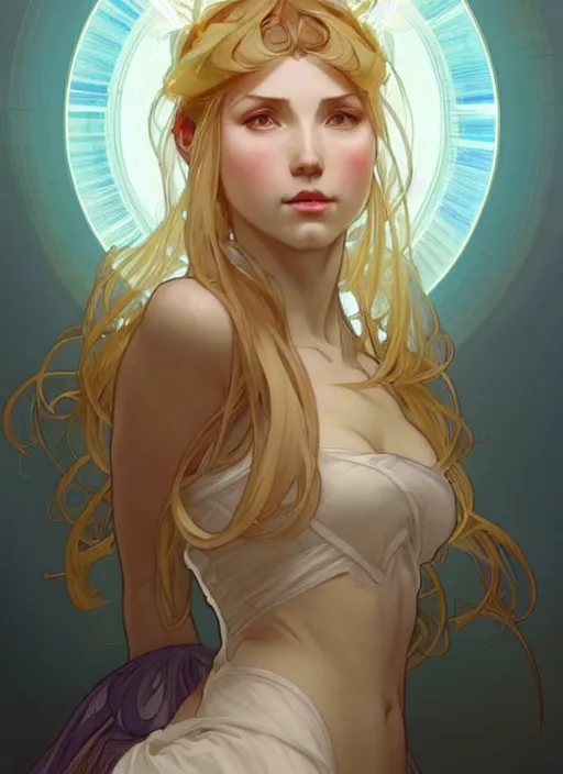 Image similar to digital character concept art by artgerm and greg rutkowski and alphonse mucha. clear portrait of a modern young wife blessed by god to unstoppably grow more perfect and fertile!! blonde, in clothes!! feminine well - formed holy body!! light effect. hyper detailed, glowing lights!! intricate, elegant, digital painting, artstation, smooth, sharp focus