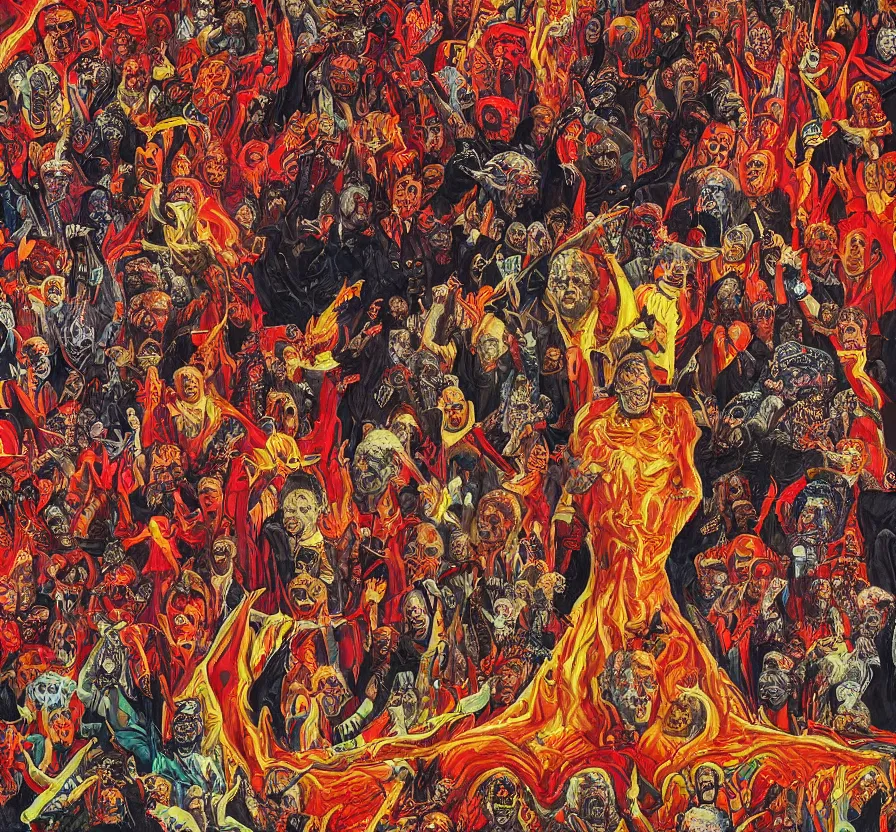 Prompt: yeltsin veneration sect, yeltsin on an icon in hellish style, scary art in color, art in 4 k