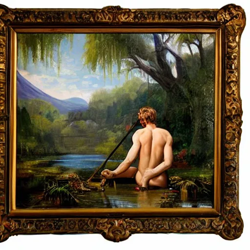 Image similar to painting fantasy nymph overlooking river as man fishes out giant chest full of gold