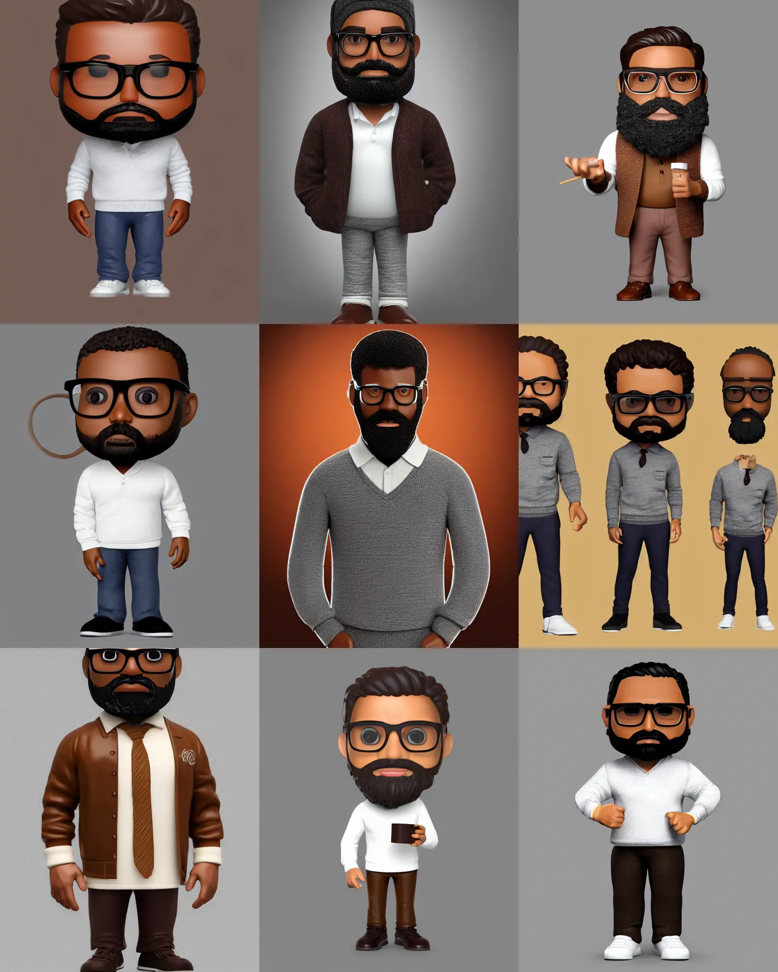 Prompt: full body 3d render of brown man with beard, glasses, tobacco brown pullover, white collar, as a full body funko pop!, studio lighting, grey background, single body, no shadow, blender, trending on artstation, 8k, highly detailed